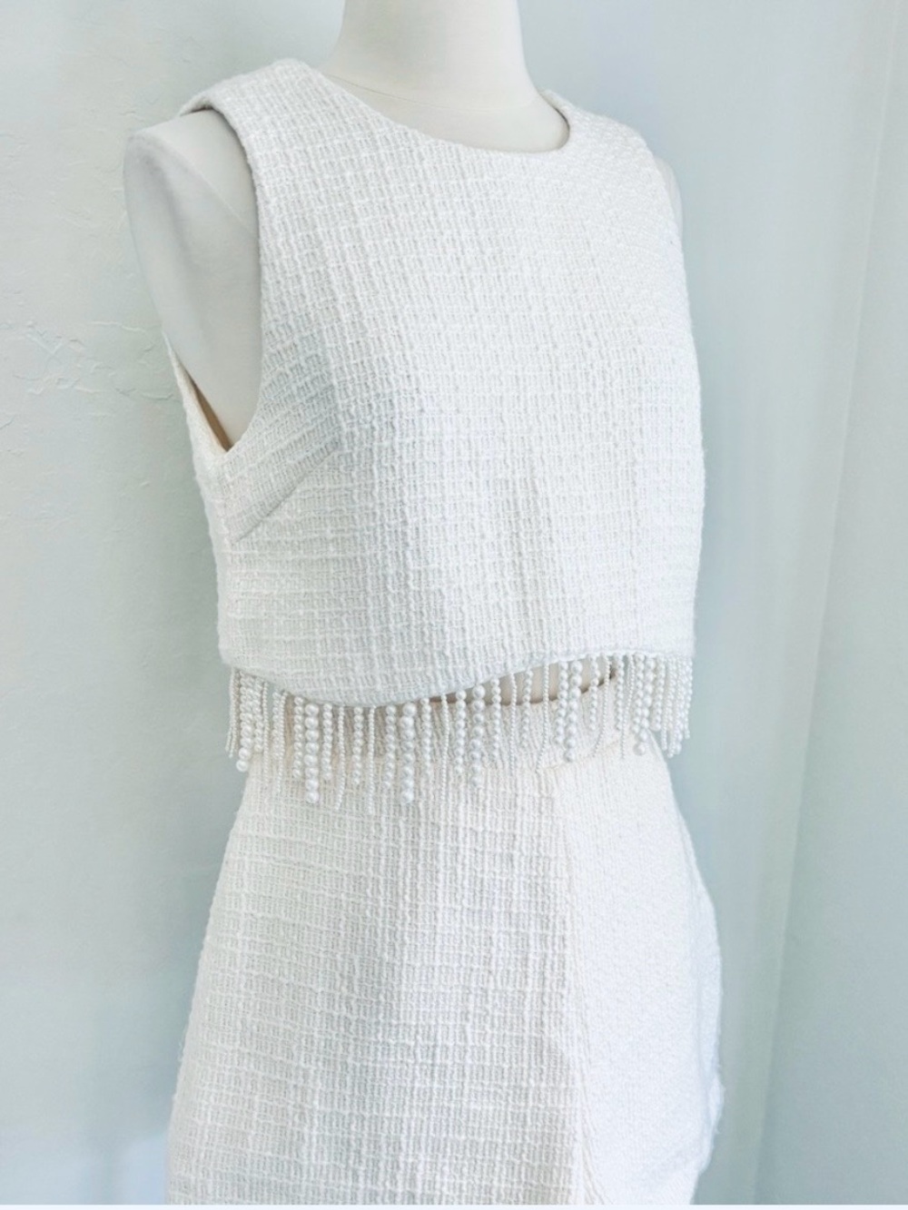Jason Wu Cream Tweed Pearl Fringe Crop Top Shorts 2-pc Set, Size 6 Bridal